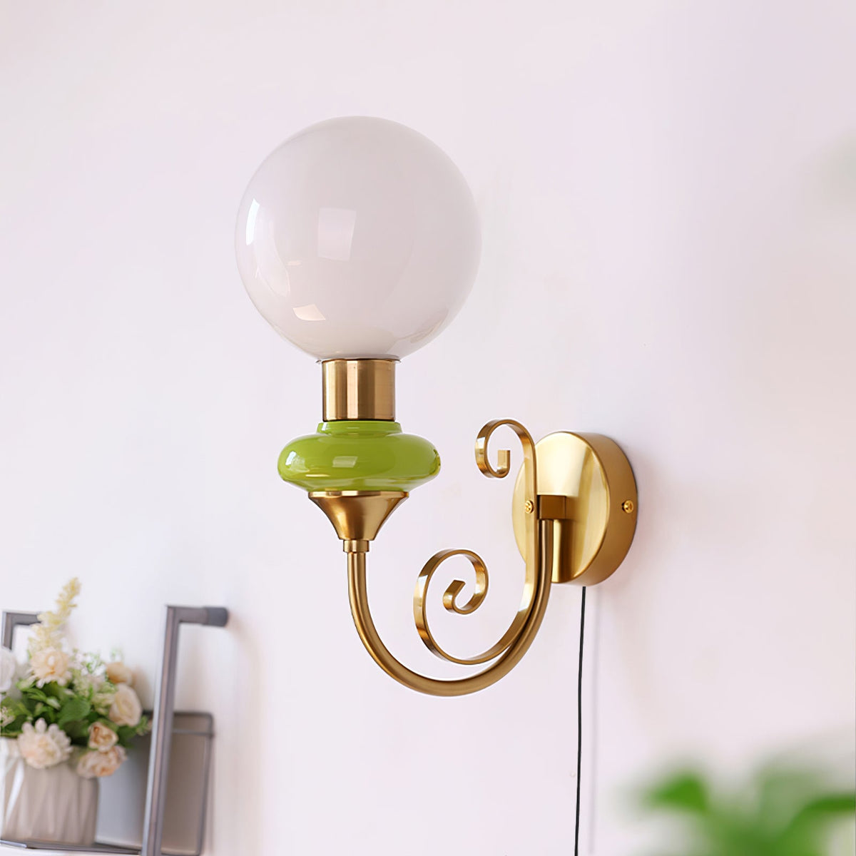 Onyx Plug-in Wall Sconce with Green Glass Shade in Gold Finish
