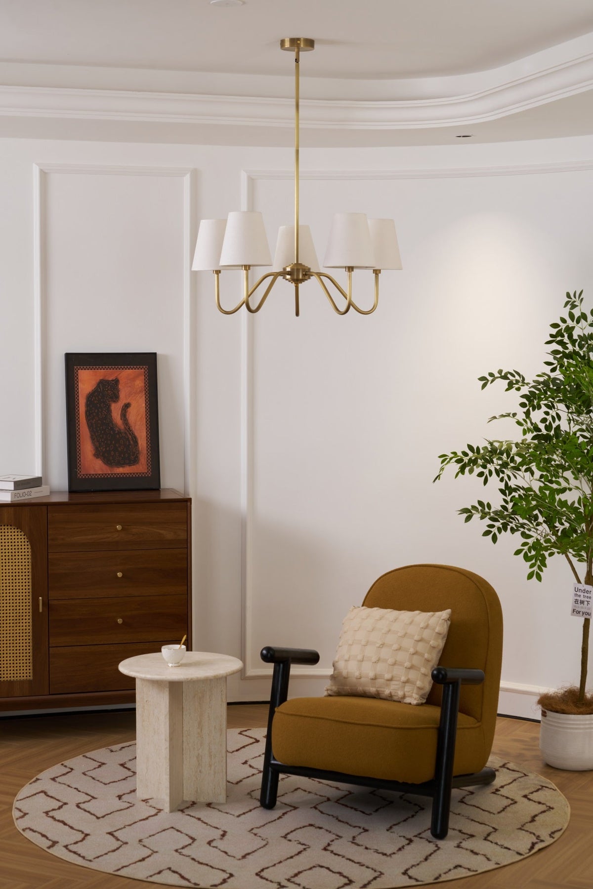 Opaluxe Brass Chandelier – Six-Light Designer Ceiling Light with Fabric Shades