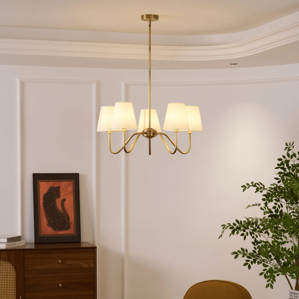 Opaluxe Brass Chandelier – Six-Light Designer Ceiling Light with Fabric Shades