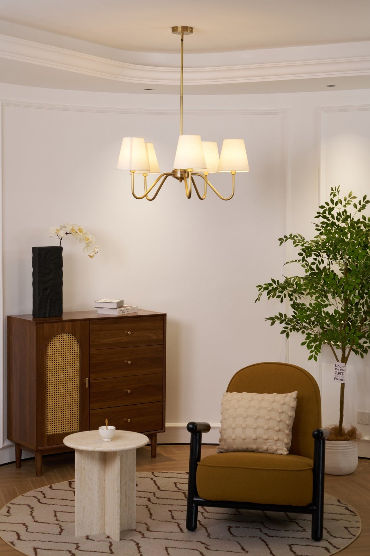 Opaluxe Brass Chandelier – Six-Light Designer Ceiling Light with Fabric Shades
