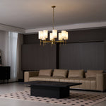 Brass Chandelier with Fabric Shades – Modern Luxury Lighting for Dining and Living Rooms