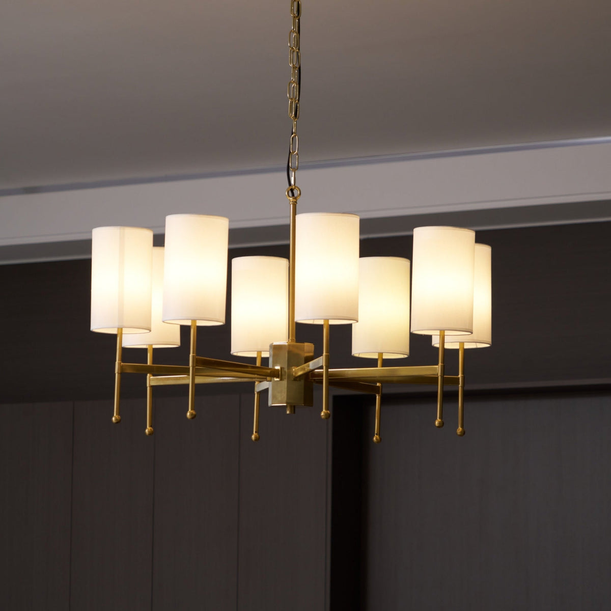 Brass Chandelier with Fabric Shades – Modern Luxury Lighting for Dining and Living Rooms
