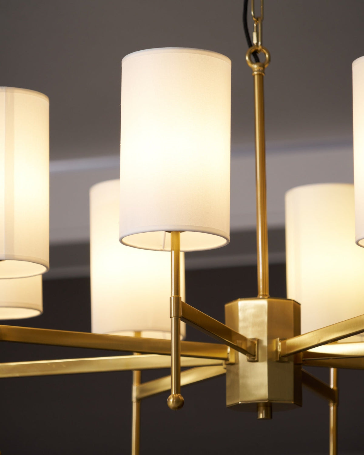 Brass Chandelier with Fabric Shades – Modern Luxury Lighting for Dining and Living Rooms