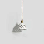 Artisan Ceramic Pendant Light with Brass Accents, Handwoven Openwork Shade