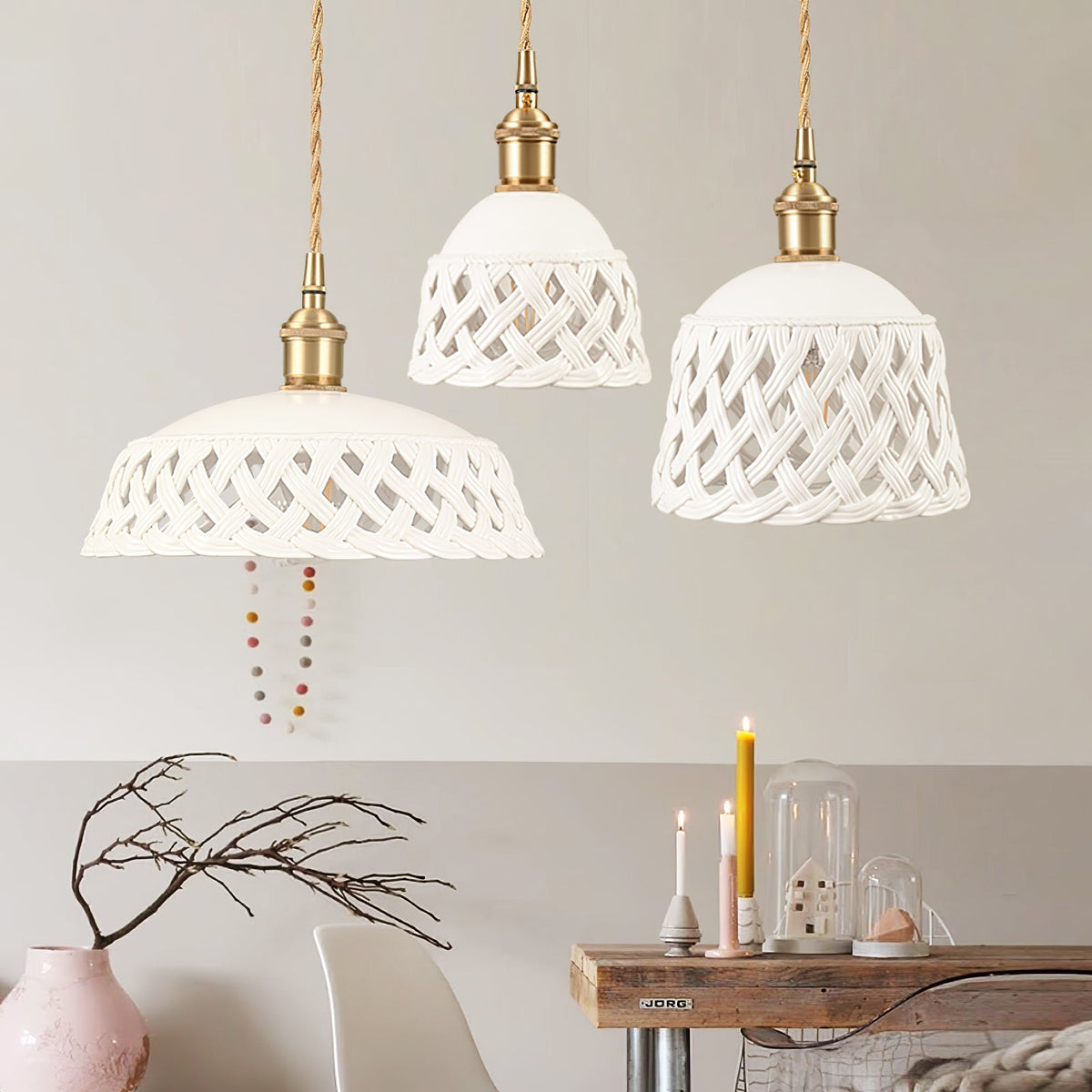 Artisan Ceramic Pendant Light with Brass Accents, Handwoven Openwork Shade