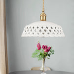 Artisan Ceramic Pendant Light with Brass Accents, Handwoven Openwork Shade