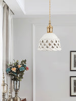 Artisan Ceramic Pendant Light with Brass Accents, Handwoven Openwork Shade