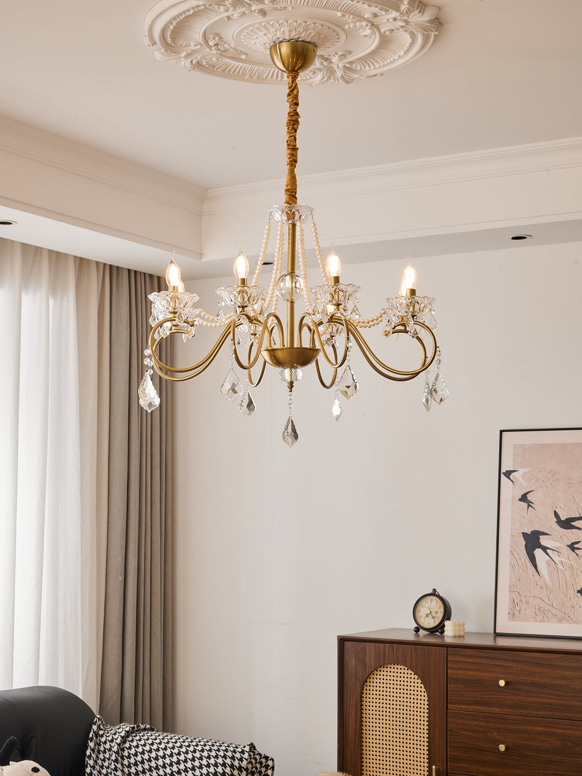 Opulent Pearl Crystal Chandelier with Copper Accents for Elegant Interiors