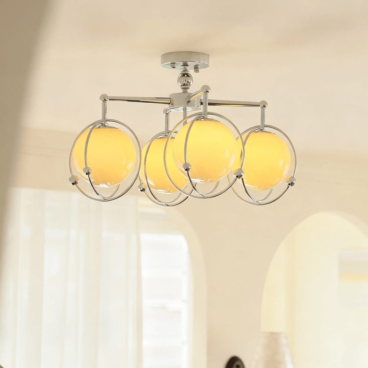 Orb Cage Semi Flush Ceiling Light in Chrome and Beige Glass