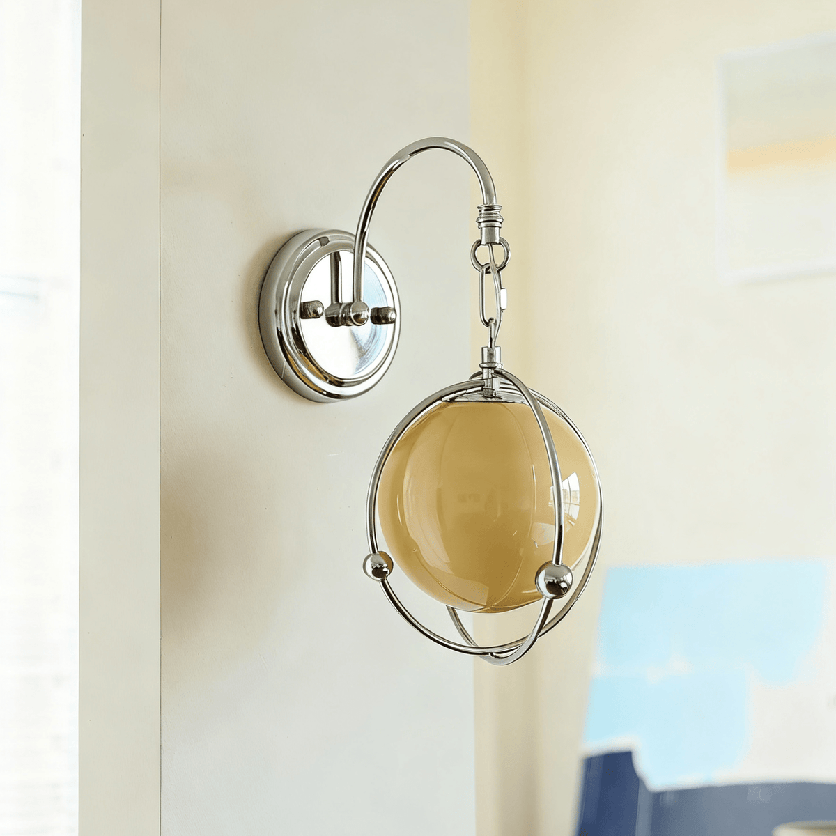 Orb Cage Semi Wall Sconce in Chrome with White Glass Globe