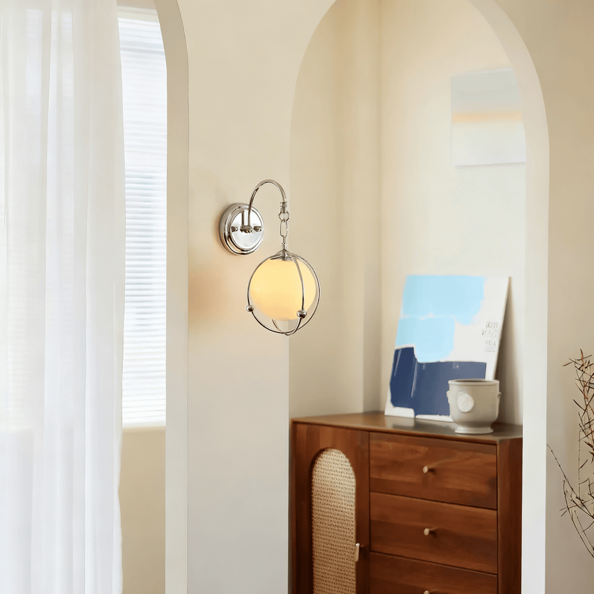 Orb Cage Semi Wall Sconce in Chrome with White Glass Globe