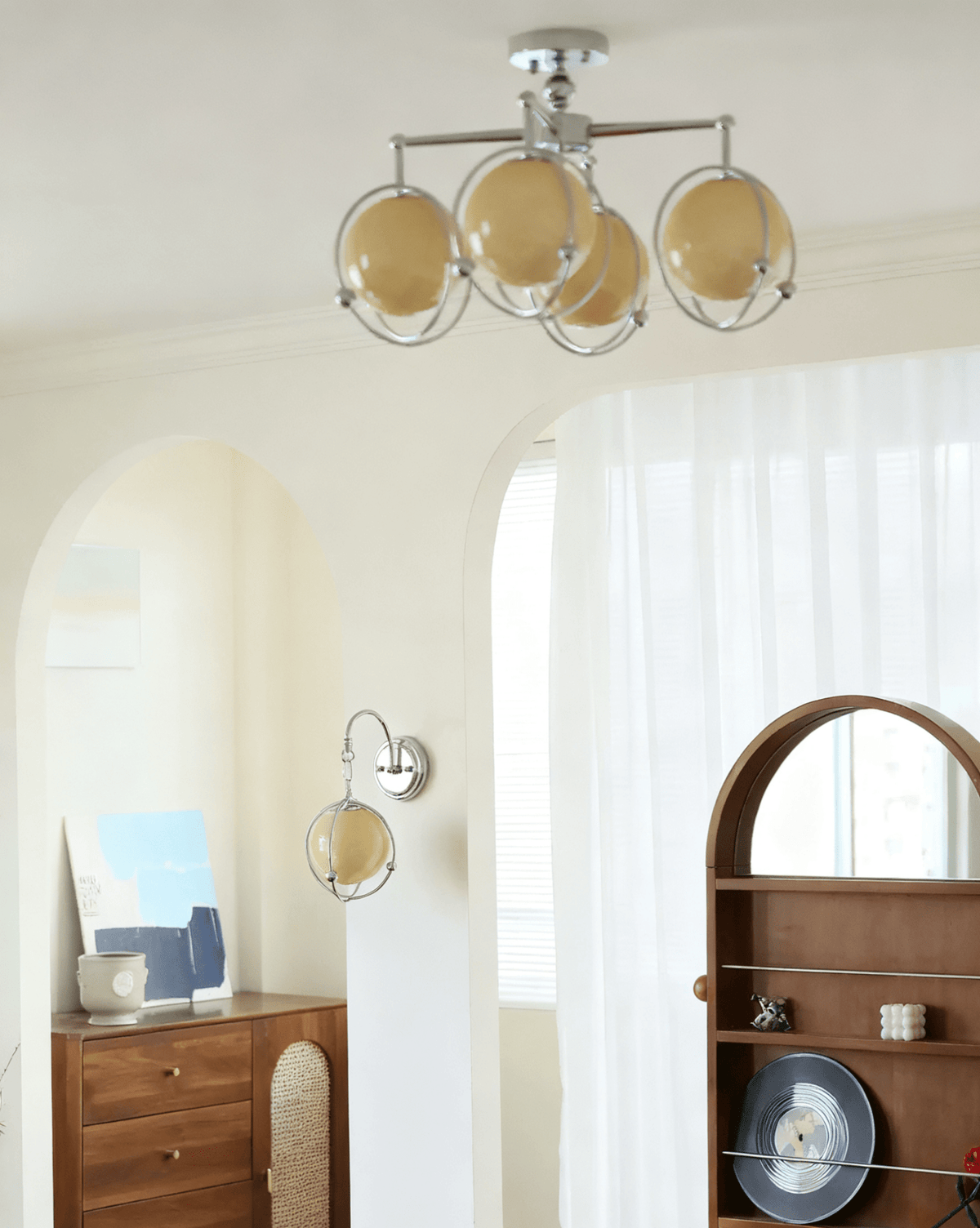 Orb Cage Semi Wall Sconce in Chrome with White Glass Globe