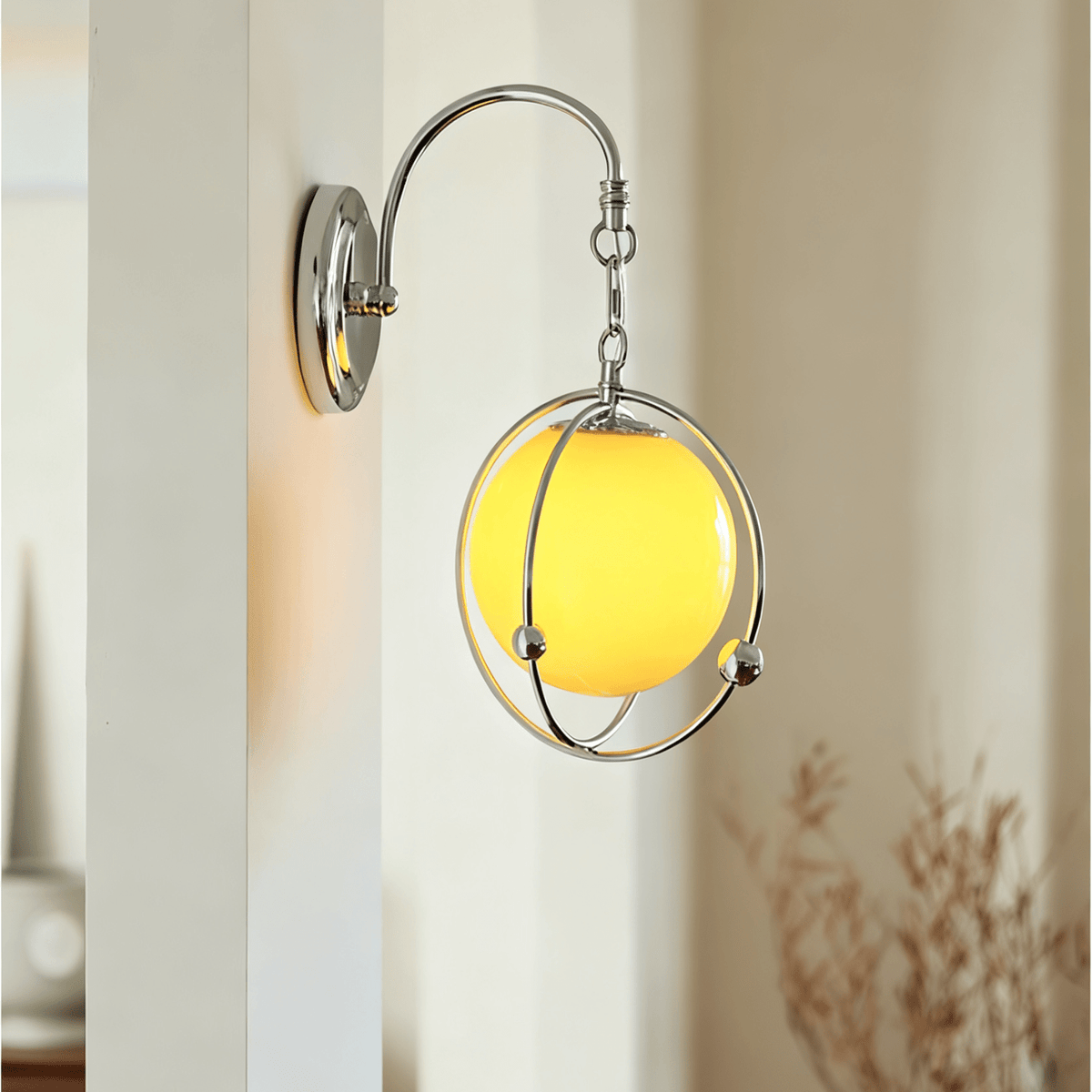 Orb Cage Semi Wall Sconce in Chrome with White Glass Globe