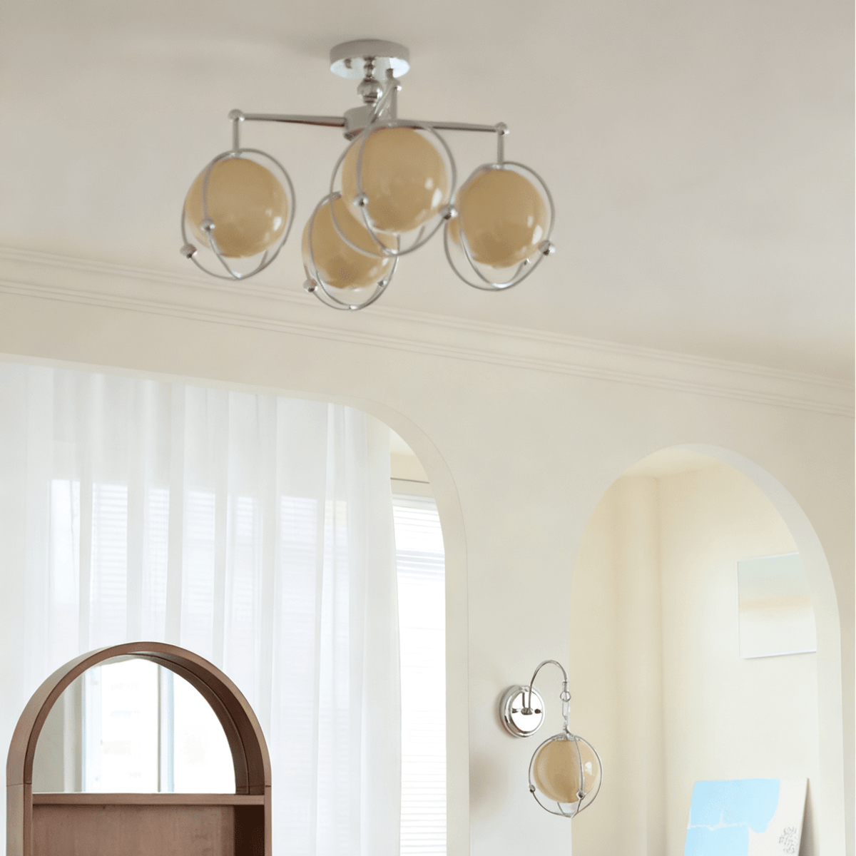 Orb Cage Semi Wall Sconce in Chrome with White Glass Globe