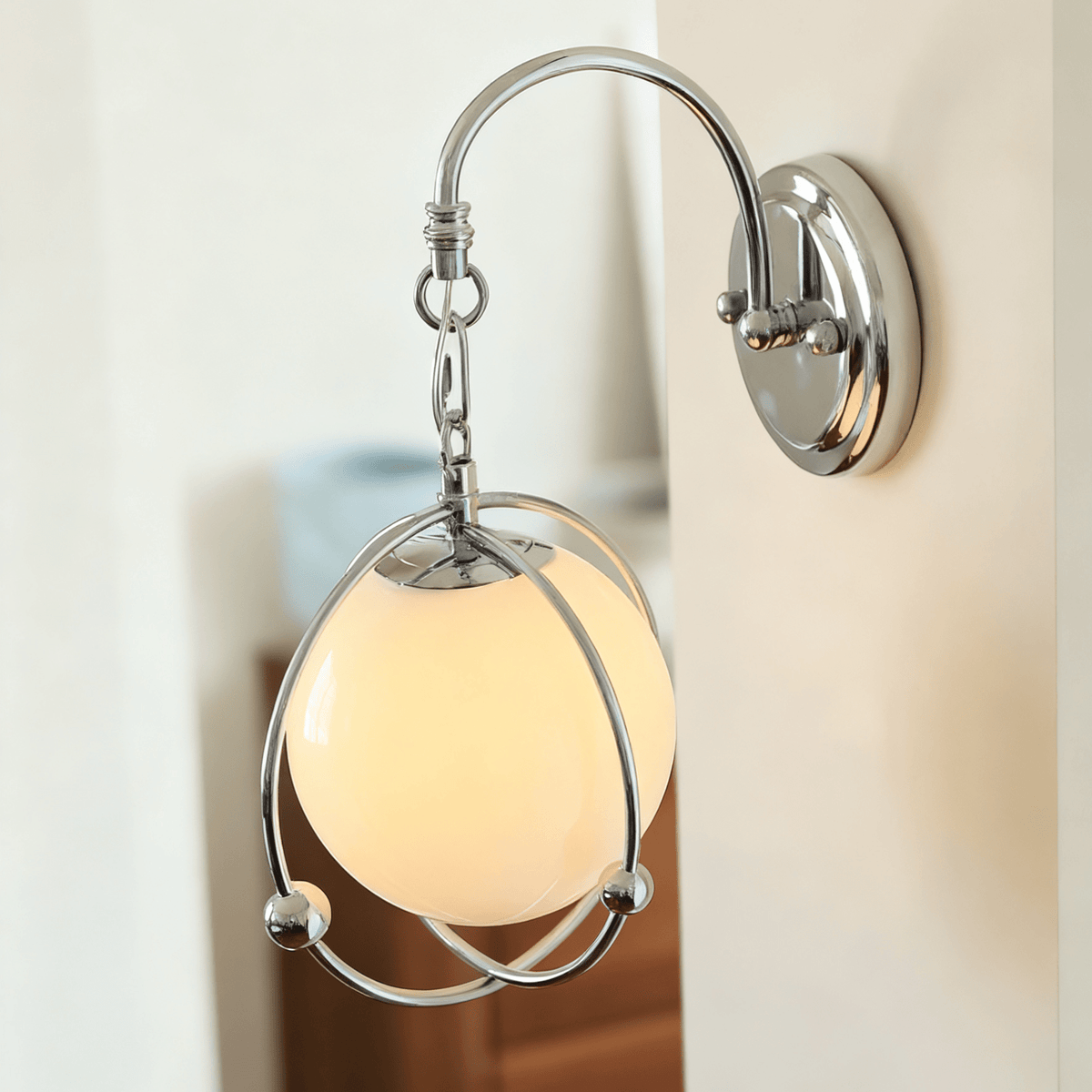 Orb Cage Semi Wall Sconce in Chrome with White Glass Globe