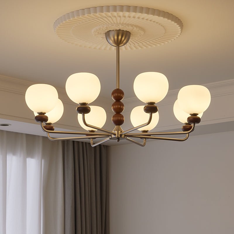 Orb Walnut Chandelier – Modern 8-Light Wood & Glass Pendant for Dining Room