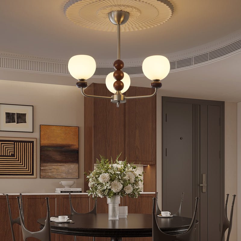 Orb Walnut Chandelier – Modern 8-Light Wood & Glass Pendant for Dining Room