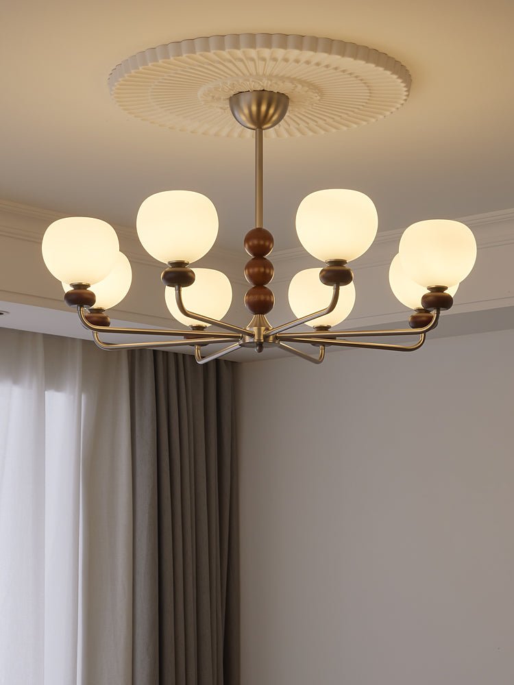 Orb Walnut Chandelier – Modern 8-Light Wood & Glass Pendant for Dining Room