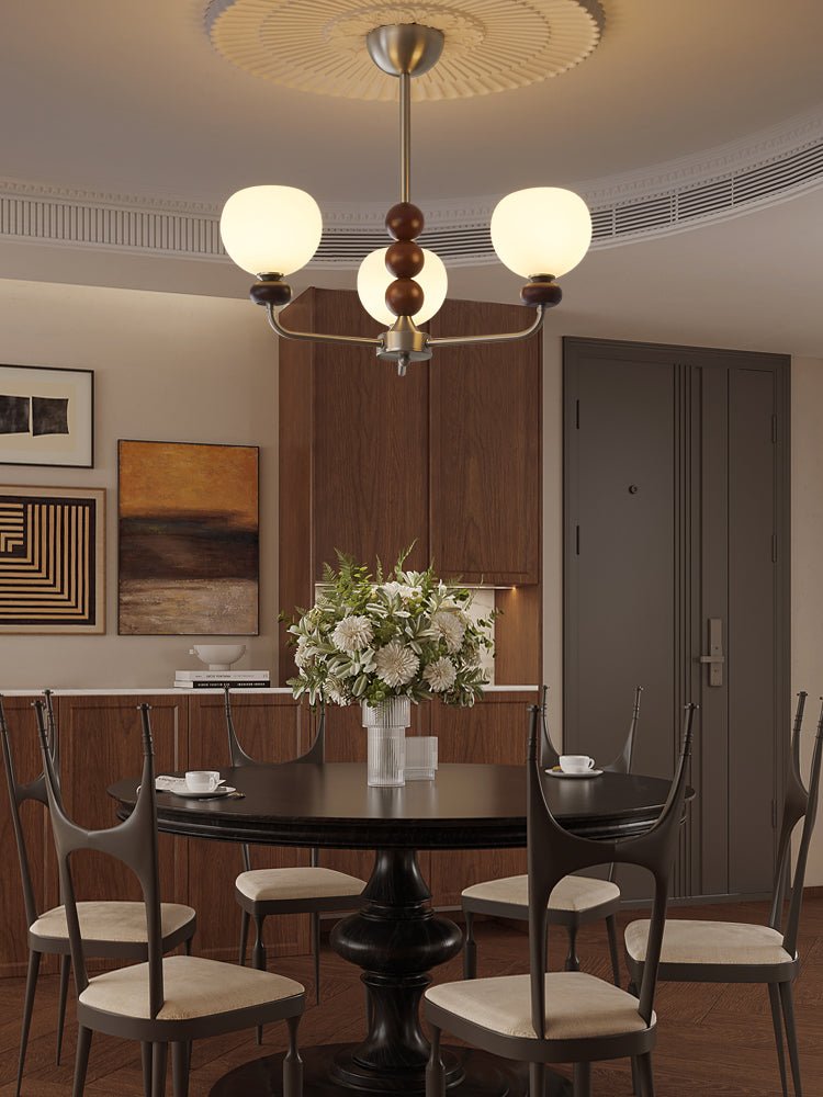 Orb Walnut Chandelier – Modern 8-Light Wood & Glass Pendant for Dining Room