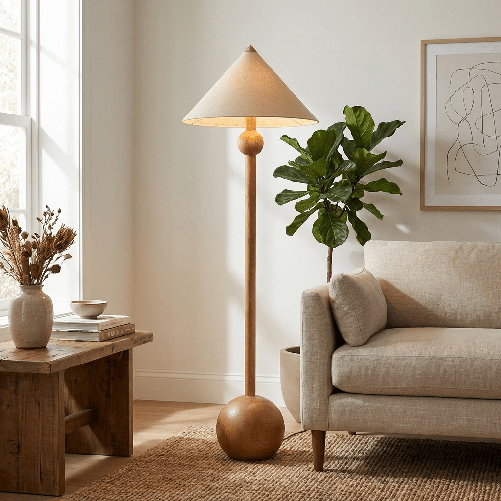 Orbelle Balance Floor Lamp in Walnut Wood and Beige Fabric