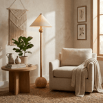 Orbelle Balance Floor Lamp in Walnut Wood and Beige Fabric