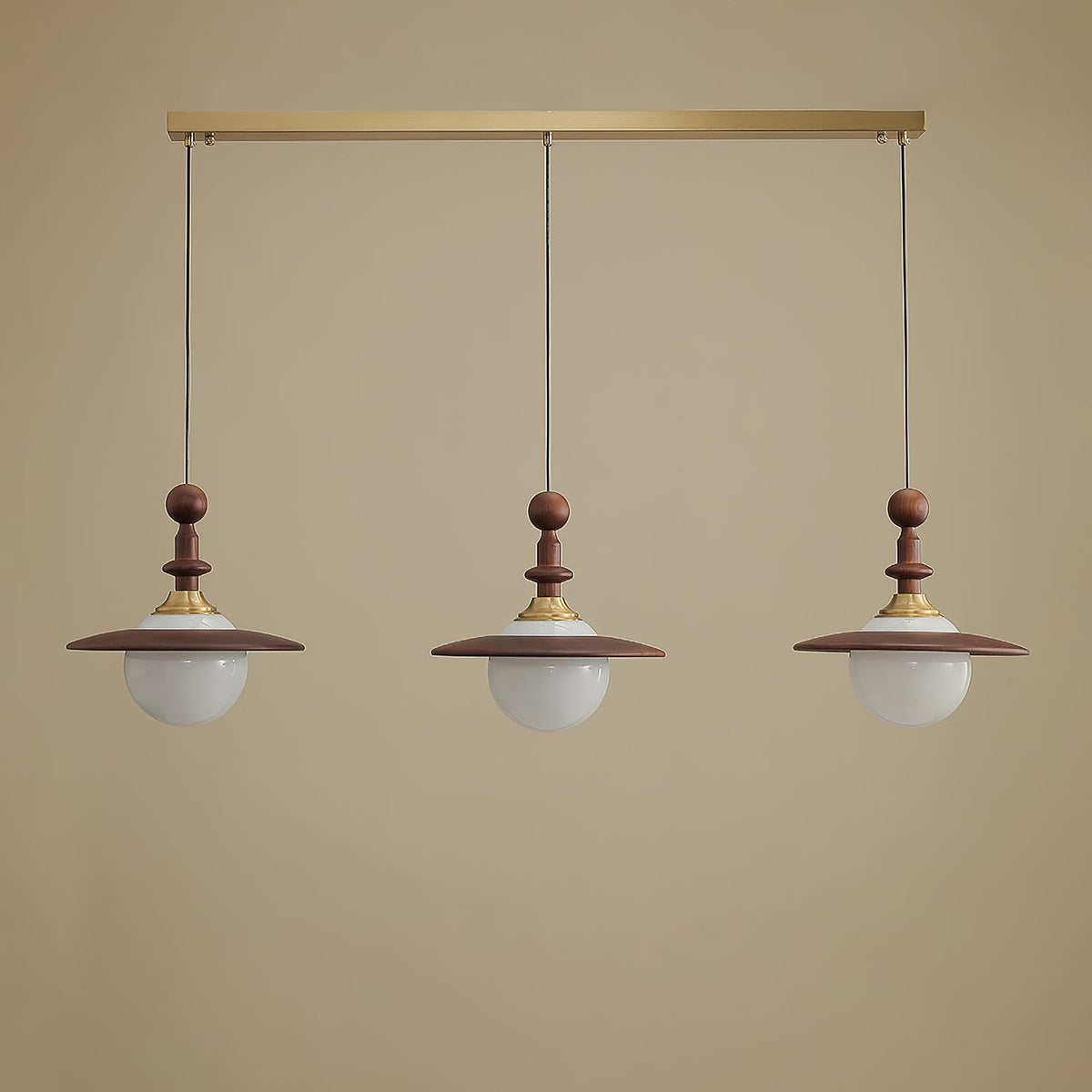 Orben Globe Pendant Light in Gold and Walnut with Opal Glass Shade