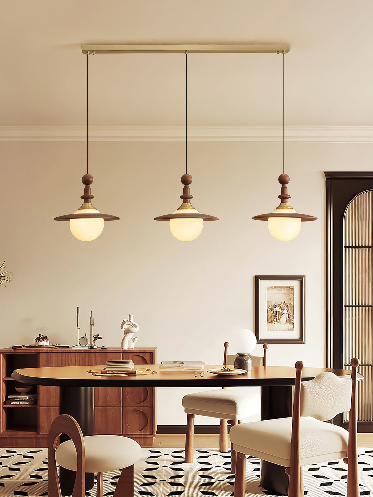 Orben Globe Pendant Light in Gold and Walnut with Opal Glass Shade
