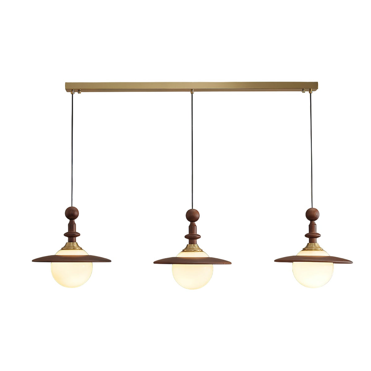 Orben Globe Pendant Light in Gold and Walnut with Opal Glass Shade