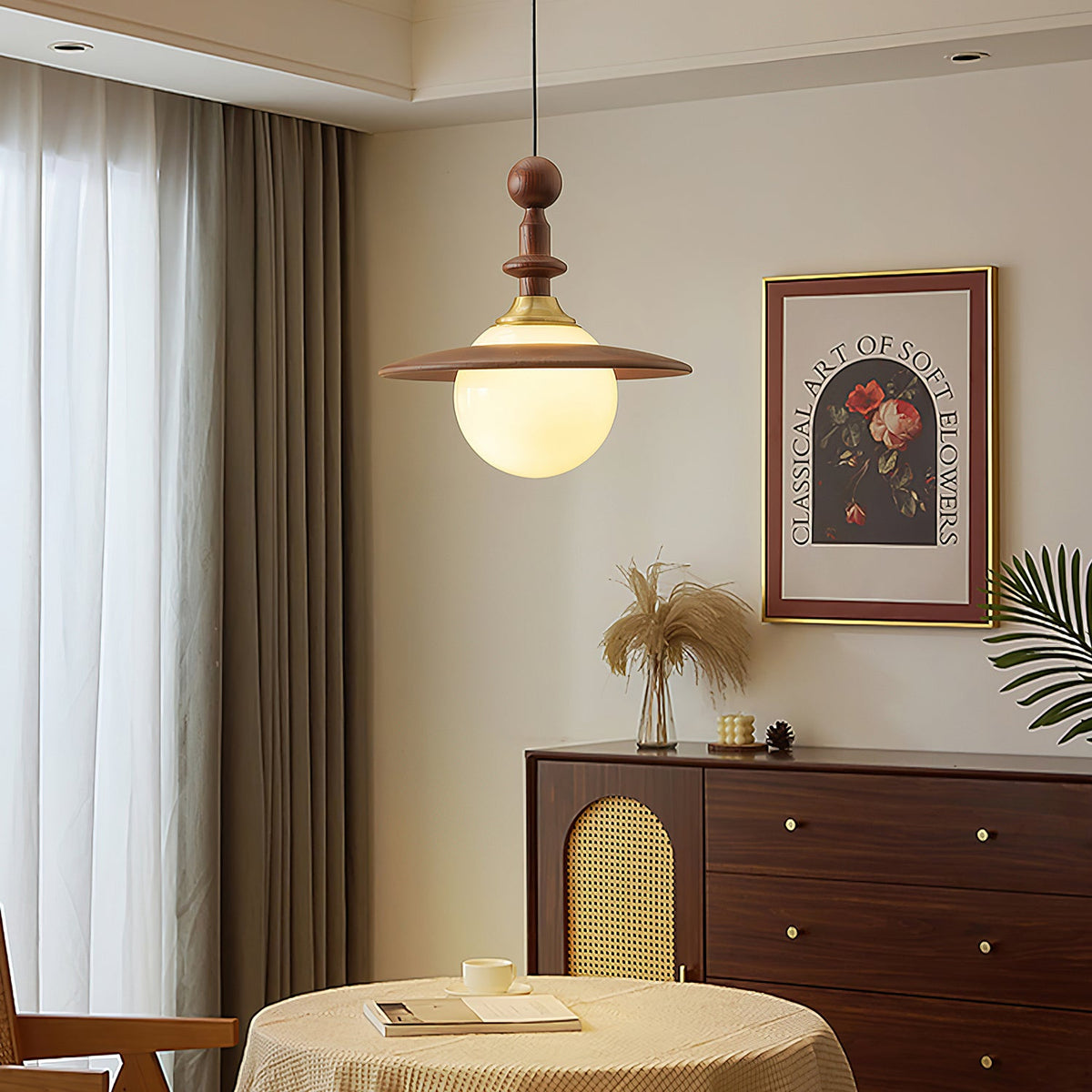 Orben Globe Pendant Light in Gold and Walnut with Opal Glass Shade
