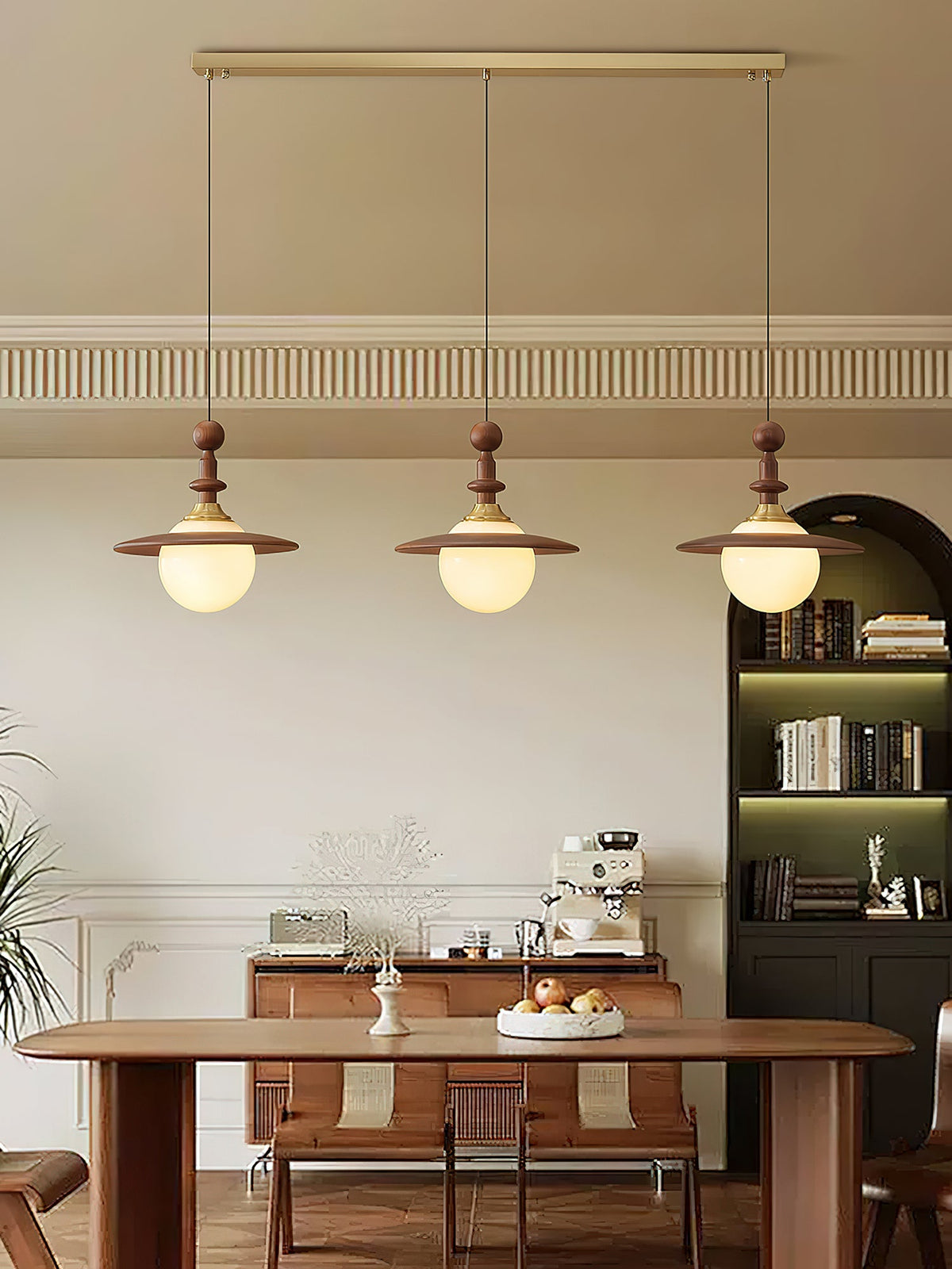 Orben Globe Pendant Light in Gold and Walnut with Opal Glass Shade