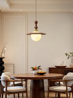 Orben Globe Pendant Light in Gold and Walnut with Opal Glass Shade