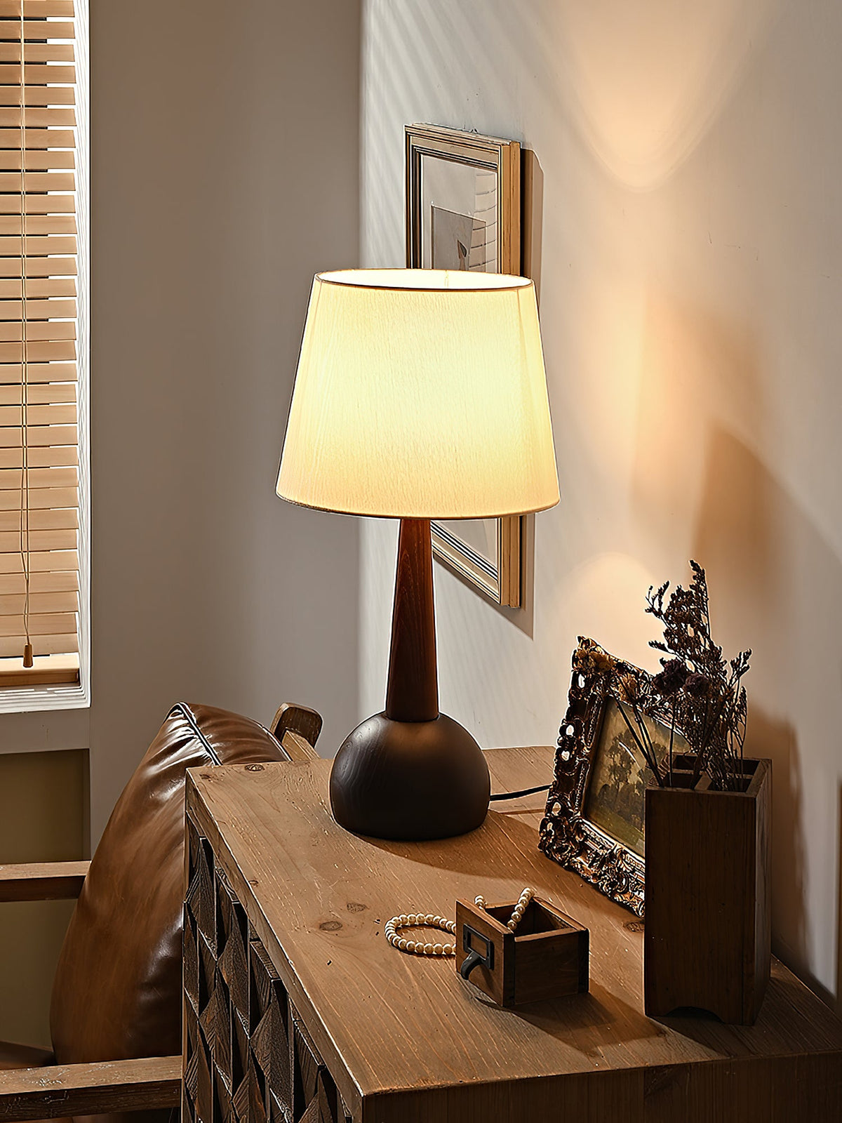Orben Wood Table Lamp – Modern Walnut Bedside Lamp with Fabric Shade