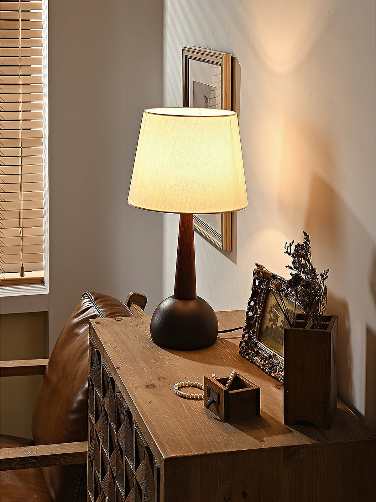 Orben Wood Table Lamp – Modern Walnut Bedside Lamp with Fabric Shade