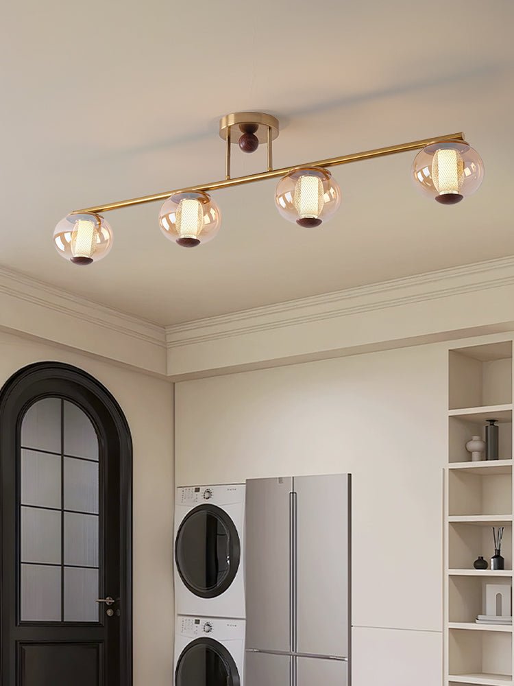 Orbis Quartet Linear Semi-Flush Ceiling Light in Brass and Walnut