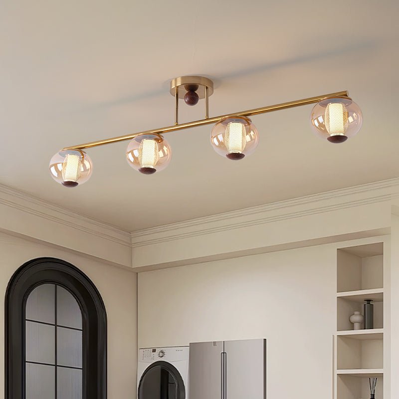 Orbis Quartet Linear Semi-Flush Ceiling Light in Brass and Walnut
