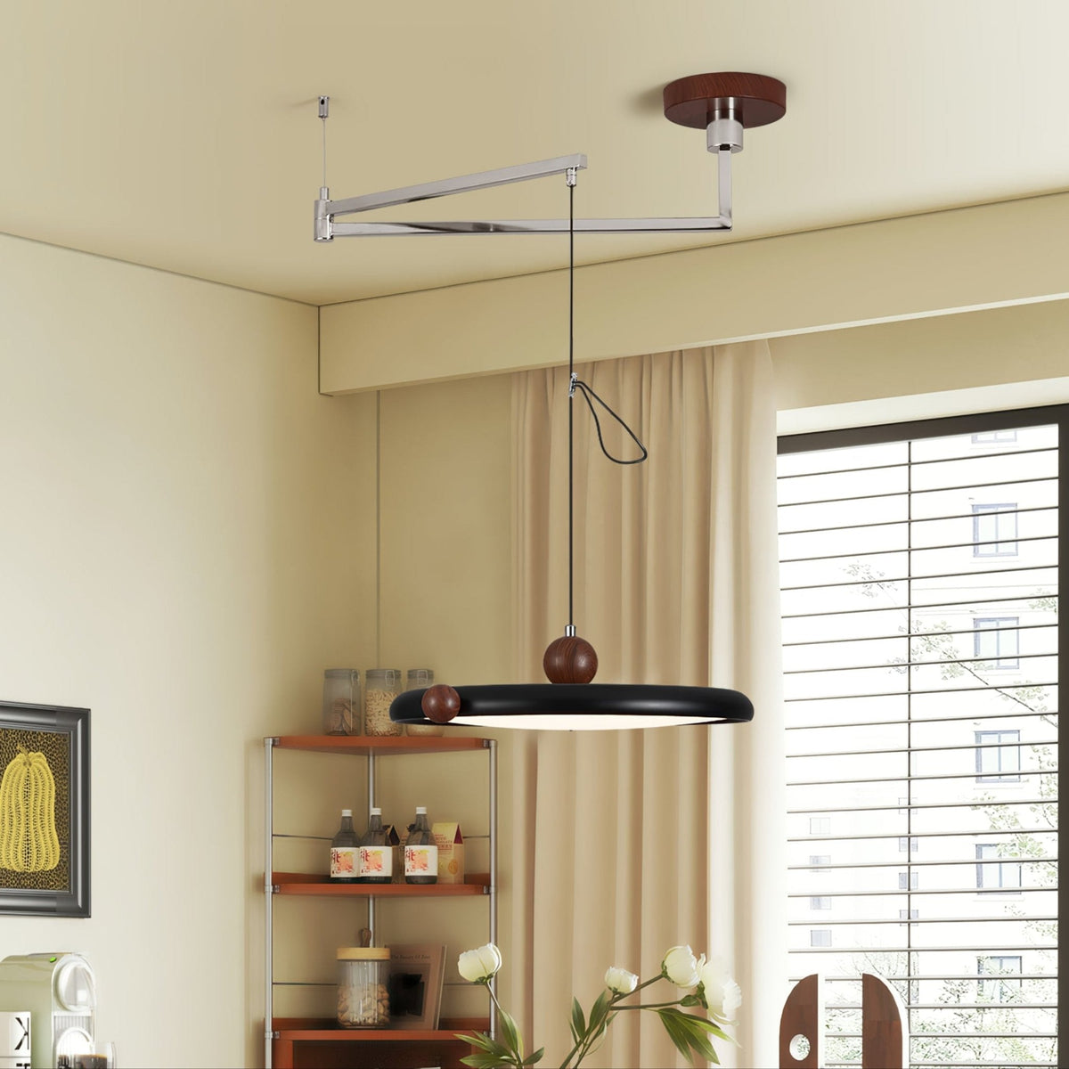 Orbit Line Swing Arm Pendant Light – Modern LED Ceiling Lamp with Wood Accents