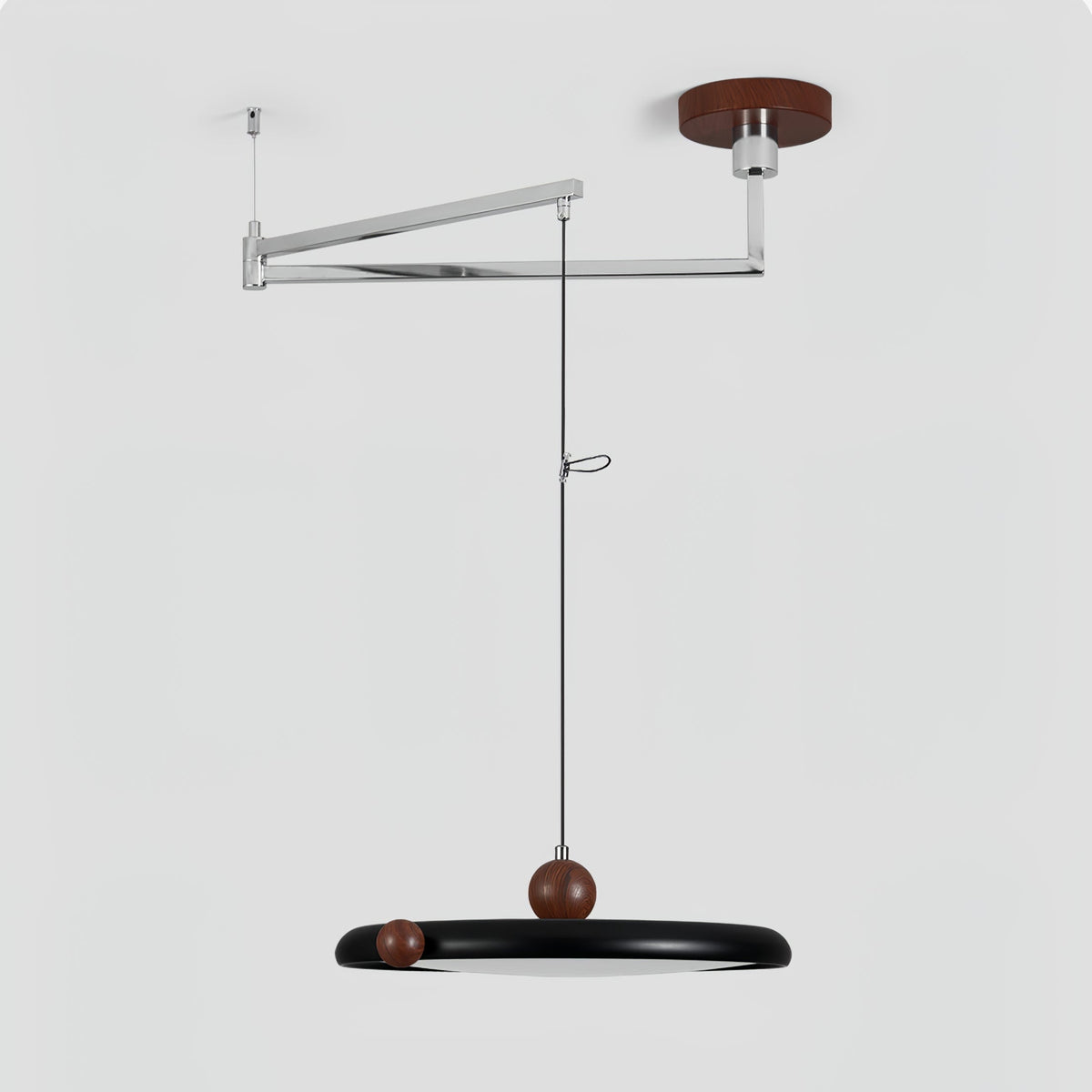 Orbit Line Swing Arm Pendant Light – Modern LED Ceiling Lamp with Wood Accents