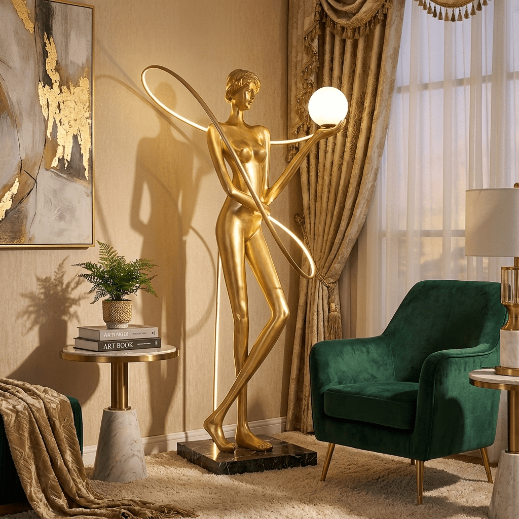 Orbit Muse Sculpture Floor Lamp with Marble Base and Gold Accent