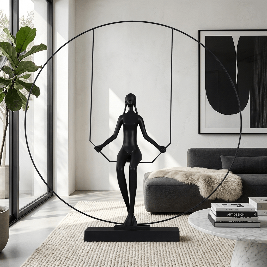 Orbit Swing Sculpture – Matte Black Figurative Art Piece for Modern Interiors