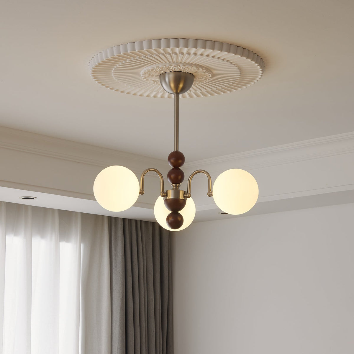 Orbital Curve Chandelier – Modern Walnut & Glass Pendant Light for Dining Room