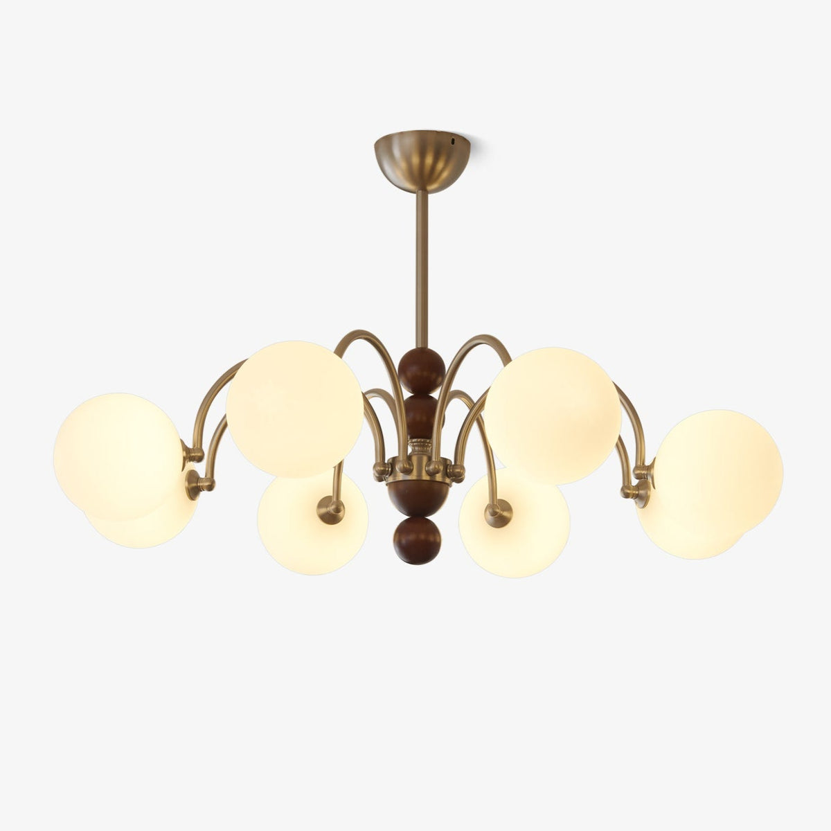 Orbital Curve Chandelier – Modern Walnut & Glass Pendant Light for Dining Room