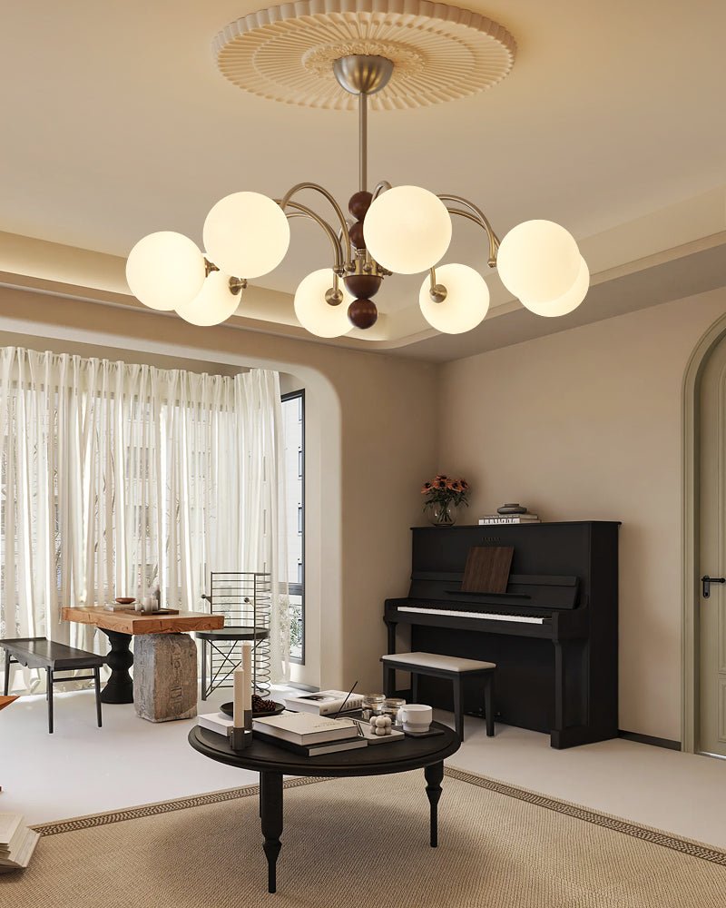 Orbital Curve Chandelier – Modern Walnut & Glass Pendant Light for Dining Room