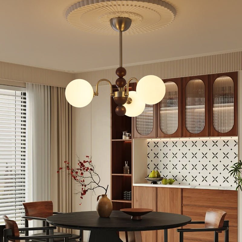 Orbital Curve Chandelier – Modern Walnut & Glass Pendant Light for Dining Room