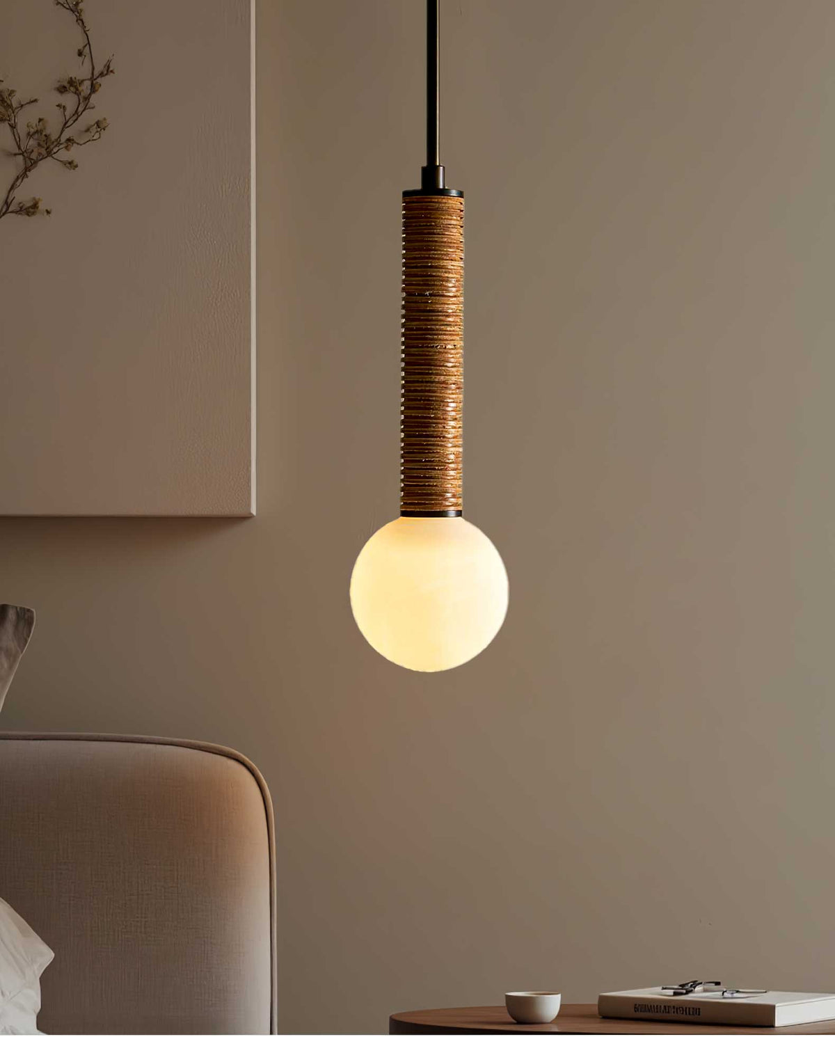 Lestro Designer Pendant Light with Leather Stem and Opal Glass Shade