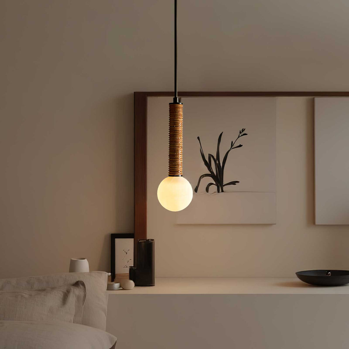 Lestro Designer Pendant Light with Leather Stem and Opal Glass Shade