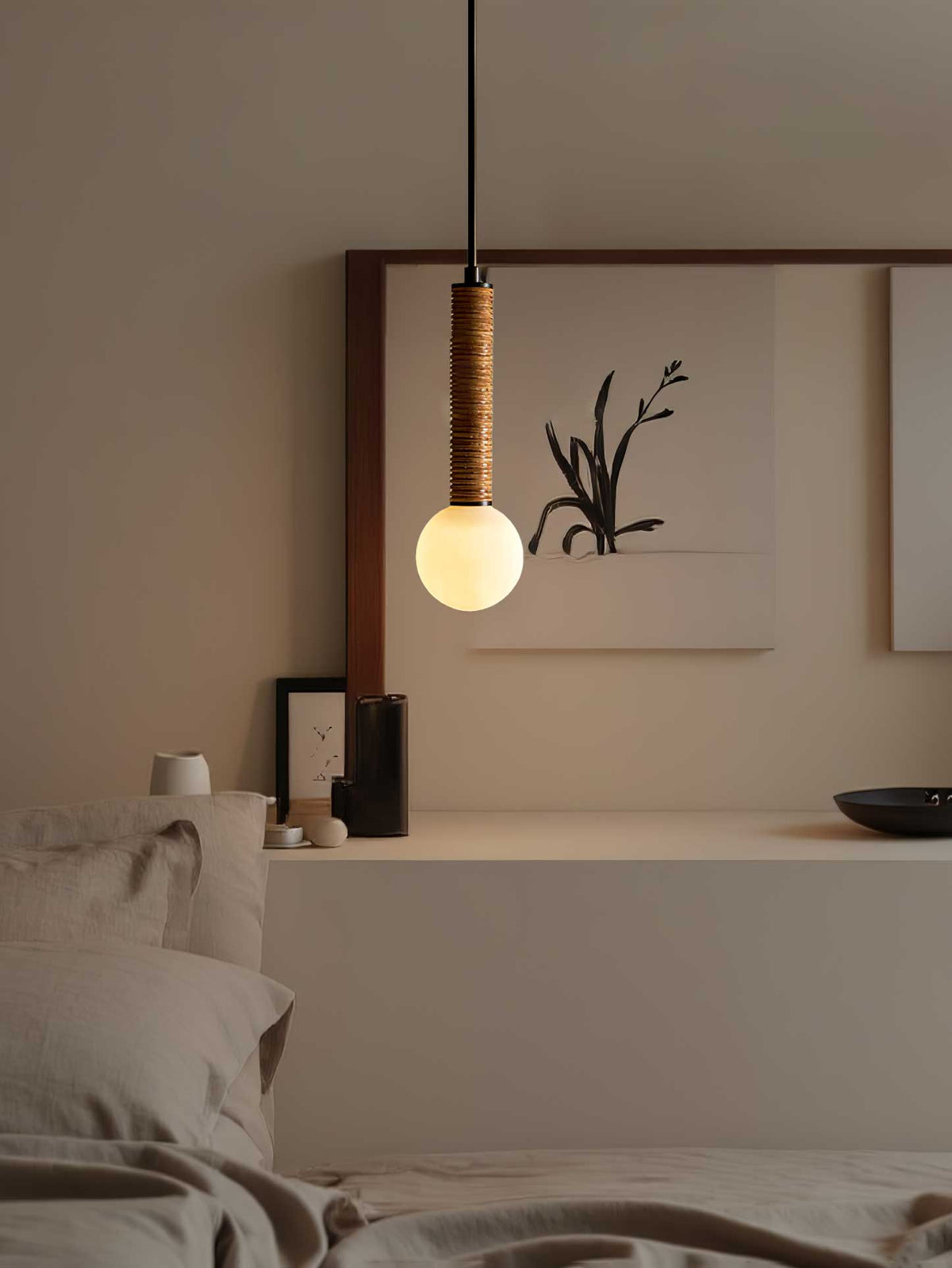 Lestro Designer Pendant Light with Leather Stem and Opal Glass Shade
