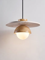 Orbitwood Pendant Light – Travertine & Wood Modern Hanging Lamp