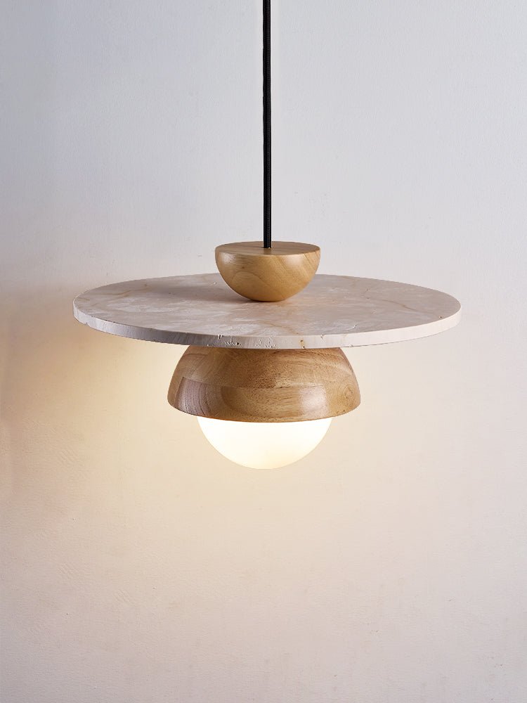 Orbitwood Pendant Light – Travertine & Wood Modern Hanging Lamp