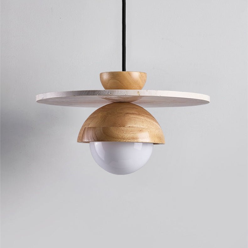 Orbitwood Pendant Light – Travertine & Wood Modern Hanging Lamp