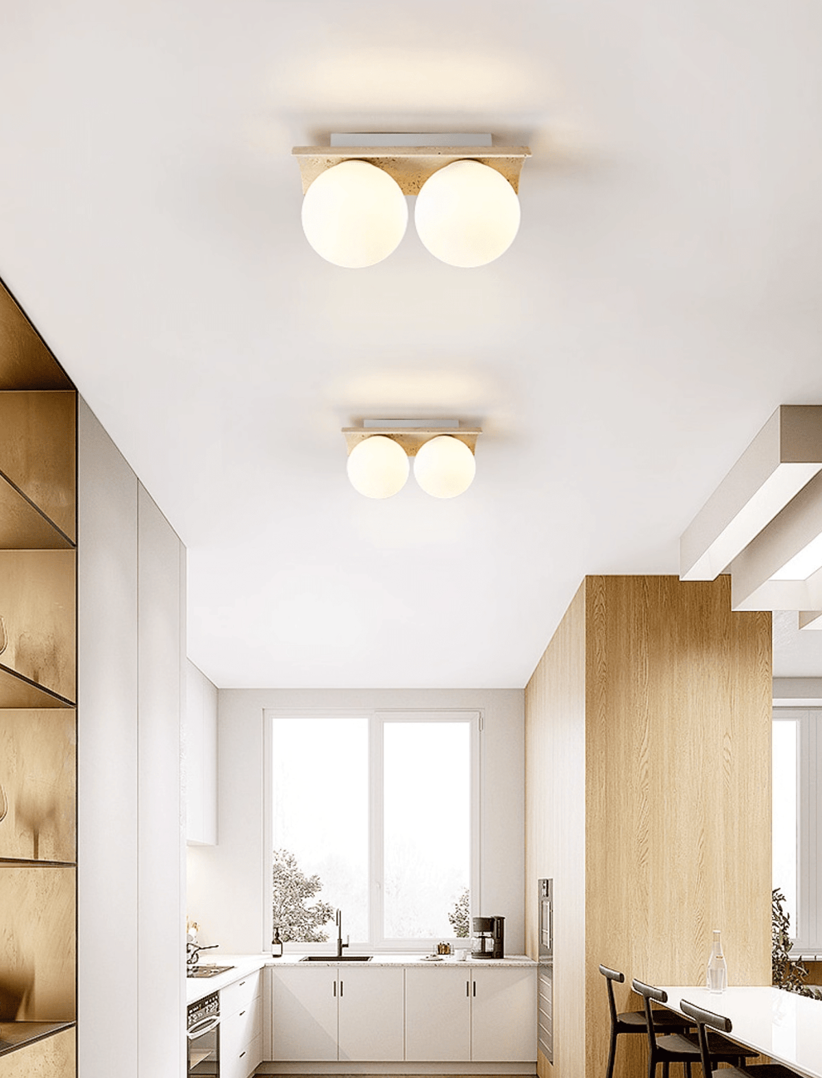 Orélie Modern Travertine Ceiling Light with Frosted Glass Globes